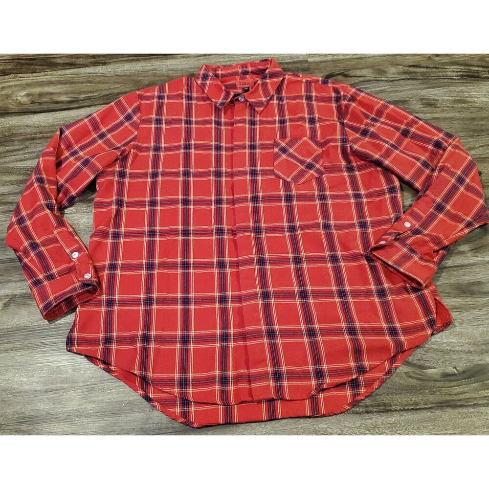 Killion Men's XXL 2XL Flannel Button Down Shirt Red Blue Plaid Hidden Buttons